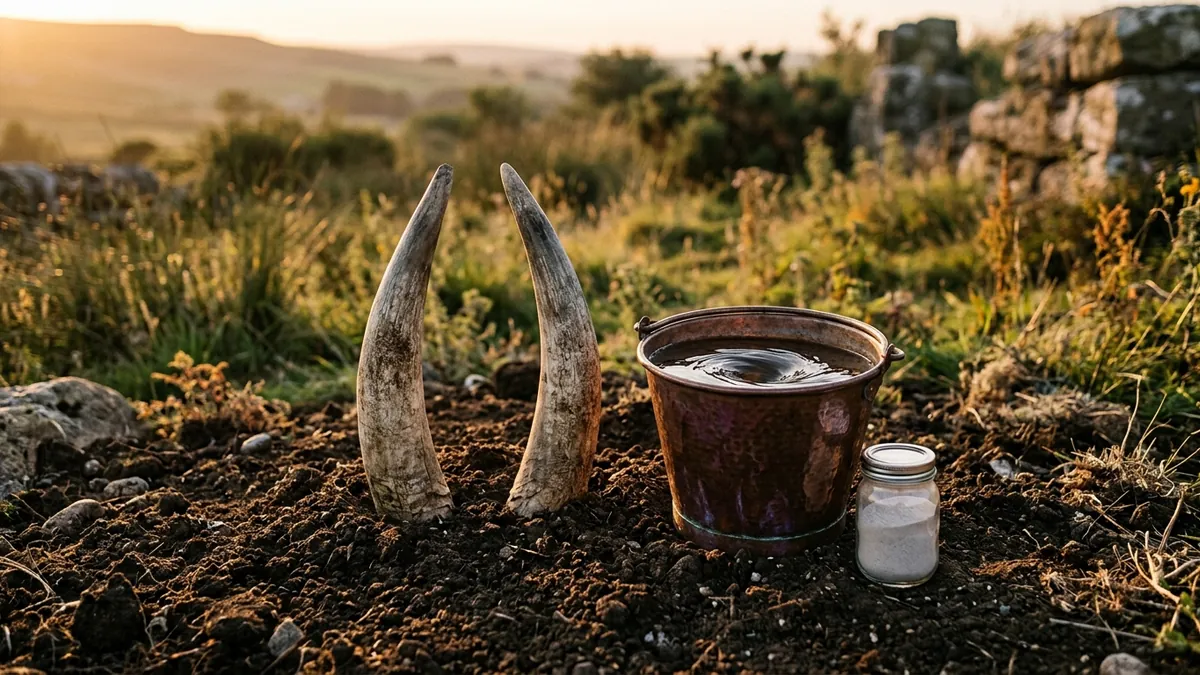 Dva kravské rohy zabodnuté v tmavé půdě, vedle měděná nádoba s vodou a sklenice s bílým práškem