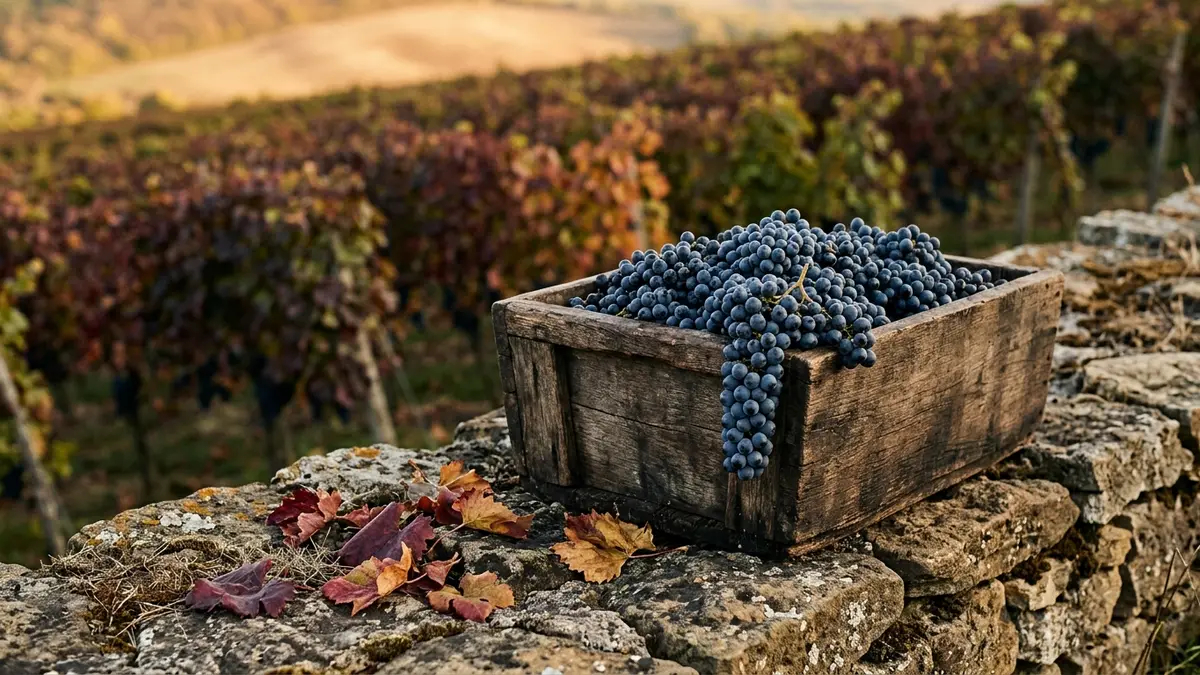 Dřevěná bedna plná tmavě modrých ojíněných hroznů na kamenné zdi nad vinicí s podzimními vínově červenými listy