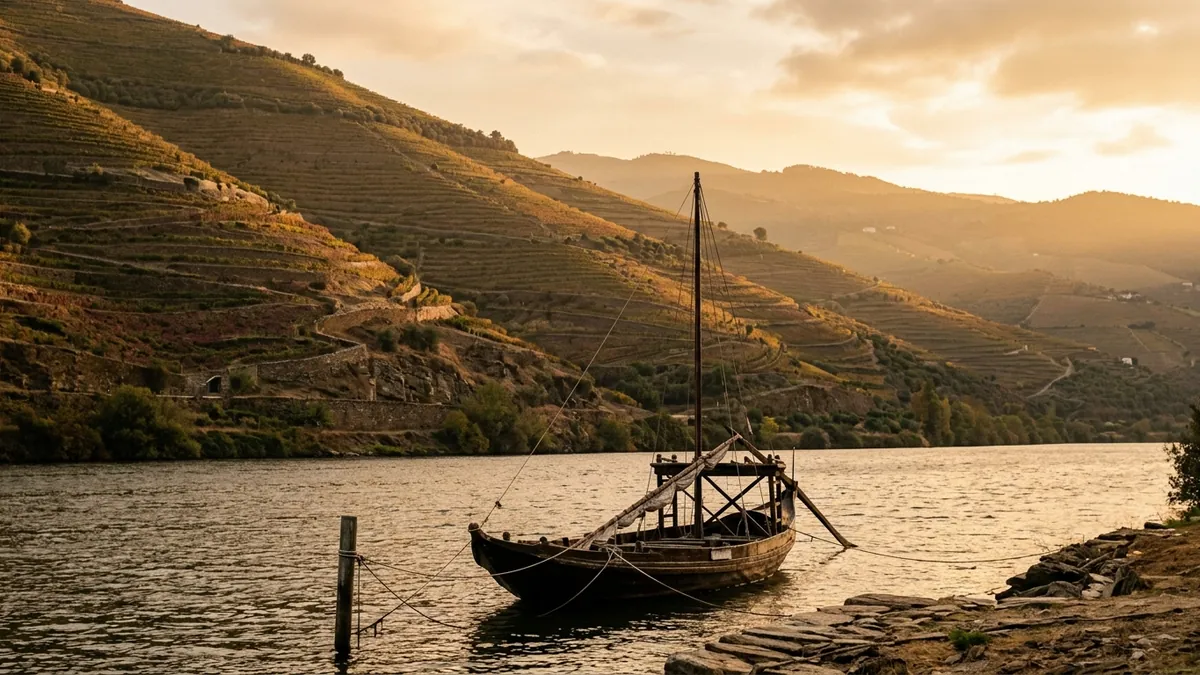 Terasovité svahy údolí Douro s lodí rabelo při západu slunce